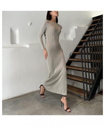 Women Ribbed Knit Long Sleeve Maxi Dress Slim Fit Solid Color Bodycon Pencil Long Dress Casual Fall Winter Clothes F Dark Apr...