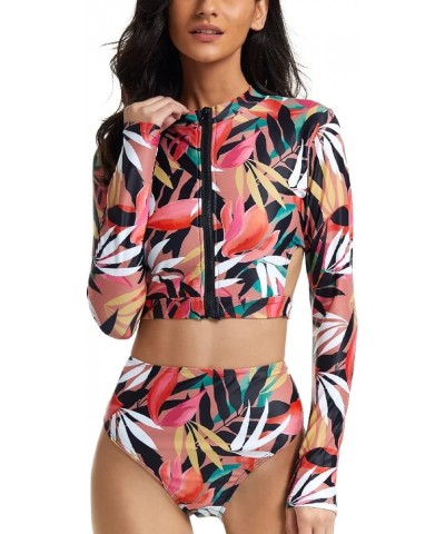 Women's Two Piece Long Sleeve Bathing Suits UV Protection Rash Guard Surfing Swimsuit Print Tankini Sets Pink and Leaves $14....