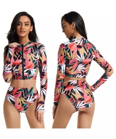 Women's Two Piece Long Sleeve Bathing Suits UV Protection Rash Guard Surfing Swimsuit Print Tankini Sets Pink and Leaves $14....