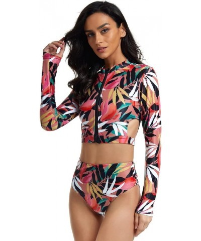 Women's Two Piece Long Sleeve Bathing Suits UV Protection Rash Guard Surfing Swimsuit Print Tankini Sets Pink and Leaves $14....