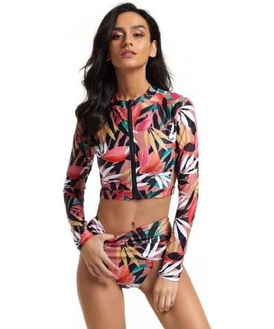 Women's Two Piece Long Sleeve Bathing Suits UV Protection Rash Guard Surfing Swimsuit Print Tankini Sets Pink and Leaves $14....