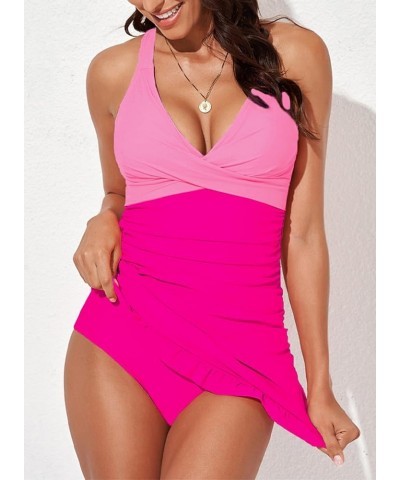 Women Retro Tankini Swimdress Tummy Control Bathing Suits Two Piece Tankini Tops with Bikini Bottoms Twist Swimwear Hot Pink ...