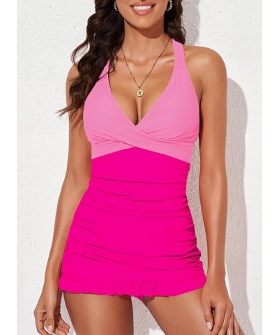 Women Retro Tankini Swimdress Tummy Control Bathing Suits Two Piece Tankini Tops with Bikini Bottoms Twist Swimwear Hot Pink ...