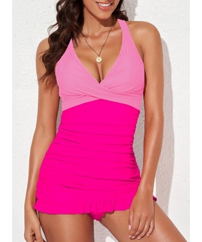 Women Retro Tankini Swimdress Tummy Control Bathing Suits Two Piece Tankini Tops with Bikini Bottoms Twist Swimwear Hot Pink ...