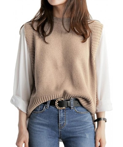 Women's Knitted Sleeveless Asymmetric Hem Round Neck Solid Color Loose Trendy Sweater Vests Khaki $14.62 Sweaters