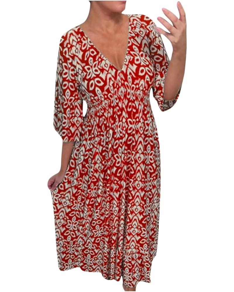 V Neck Dress for Women, Womens Floral Printed Tshirt Dress Summer Elastic Waist 3/4 Sleeve Casual Beach Sundress Red $7.50 Dr...