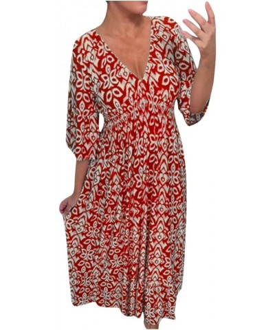 V Neck Dress for Women, Womens Floral Printed Tshirt Dress Summer Elastic Waist 3/4 Sleeve Casual Beach Sundress Red $7.50 Dr...