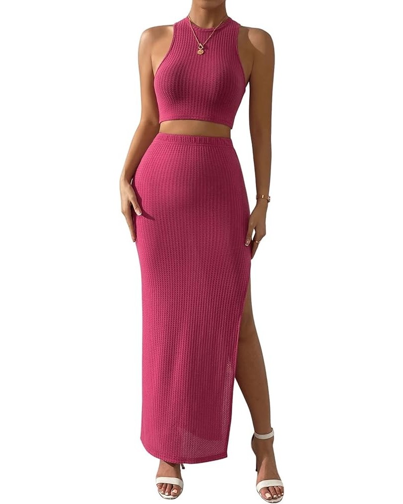 Women's 2 Piece Outfit Crop Tank Top and Split Long Maxi Skirt Sets Rose Red $8.84 Skirts