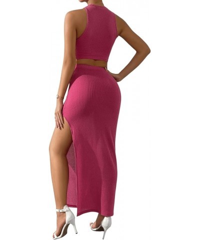 Women's 2 Piece Outfit Crop Tank Top and Split Long Maxi Skirt Sets Rose Red $8.84 Skirts