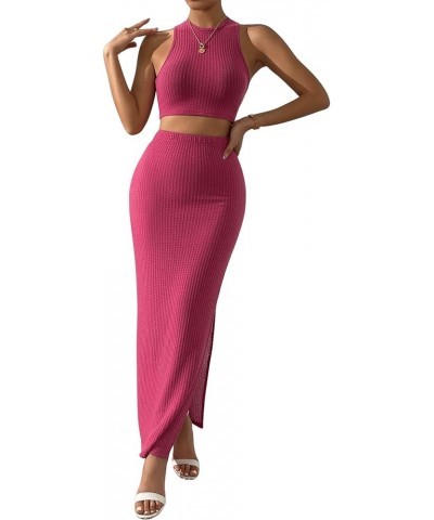 Women's 2 Piece Outfit Crop Tank Top and Split Long Maxi Skirt Sets Rose Red $8.84 Skirts