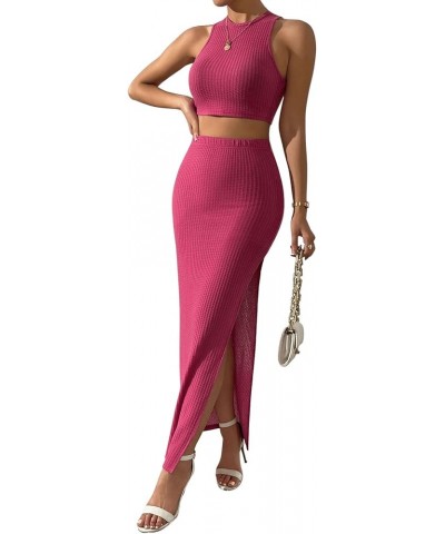 Women's 2 Piece Outfit Crop Tank Top and Split Long Maxi Skirt Sets Rose Red $8.84 Skirts