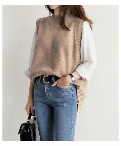 Women's Knitted Sleeveless Asymmetric Hem Round Neck Solid Color Loose Trendy Sweater Vests Khaki $14.62 Sweaters