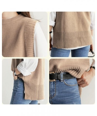 Women's Knitted Sleeveless Asymmetric Hem Round Neck Solid Color Loose Trendy Sweater Vests Khaki $14.62 Sweaters