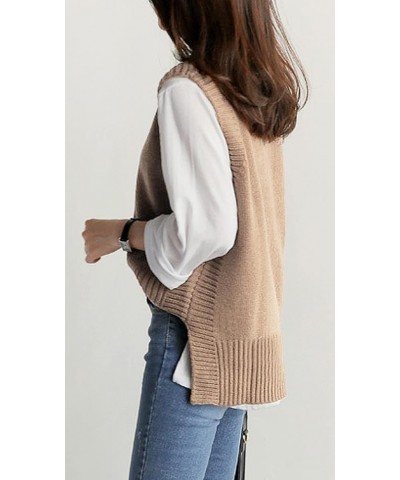 Women's Knitted Sleeveless Asymmetric Hem Round Neck Solid Color Loose Trendy Sweater Vests Khaki $14.62 Sweaters