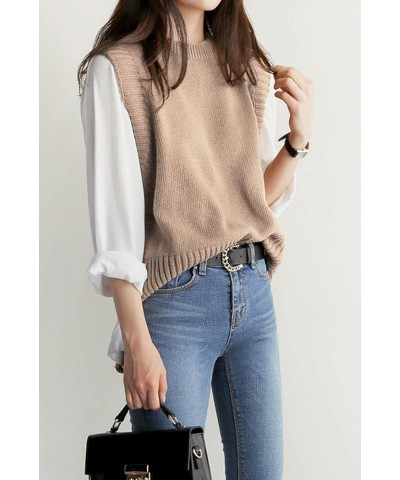 Women's Knitted Sleeveless Asymmetric Hem Round Neck Solid Color Loose Trendy Sweater Vests Khaki $14.62 Sweaters