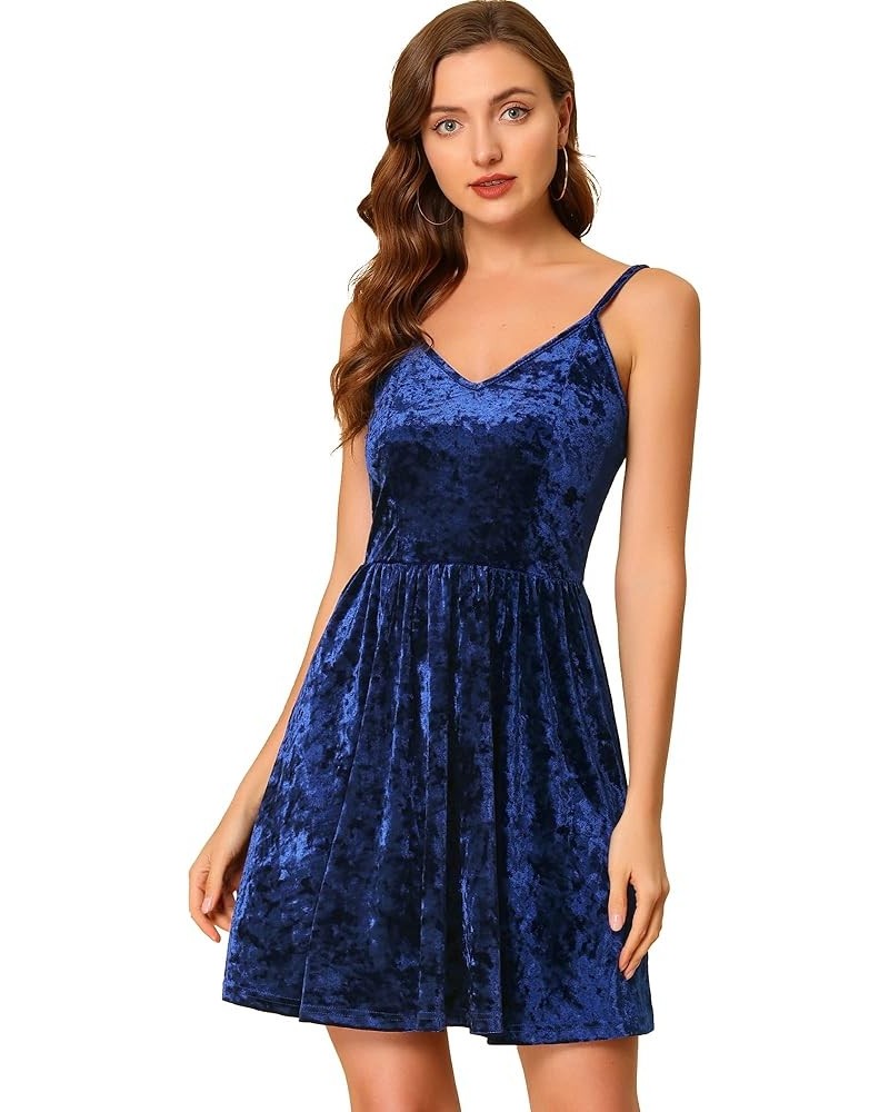 Women's V Neck Spaghetti Strap Dresses Party A-Line Cami Velvet Skater Dress Royal Blue $18.01 Dresses