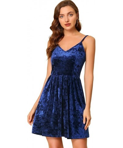 Women's V Neck Spaghetti Strap Dresses Party A-Line Cami Velvet Skater Dress Royal Blue $18.01 Dresses