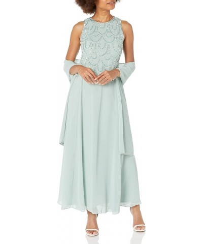 Women's Plus Size Sleeveless Beaded Pop Over Long Dress with Scarf Celadon $26.64 Dresses