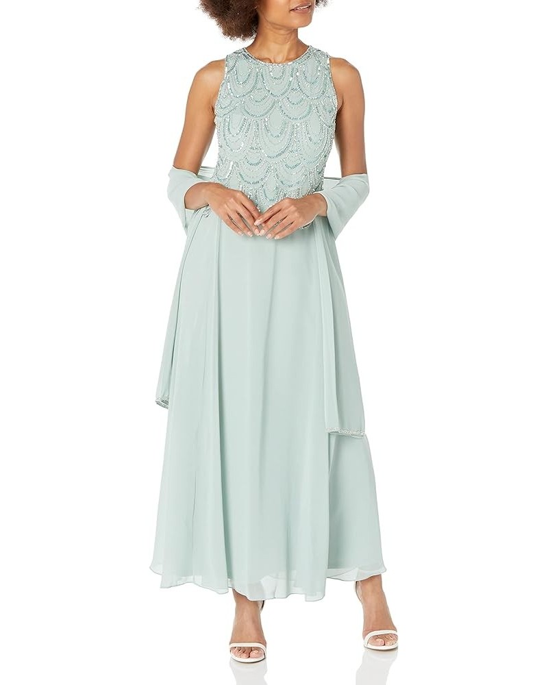 Women's Plus Size Sleeveless Beaded Pop Over Long Dress with Scarf Celadon $26.64 Dresses