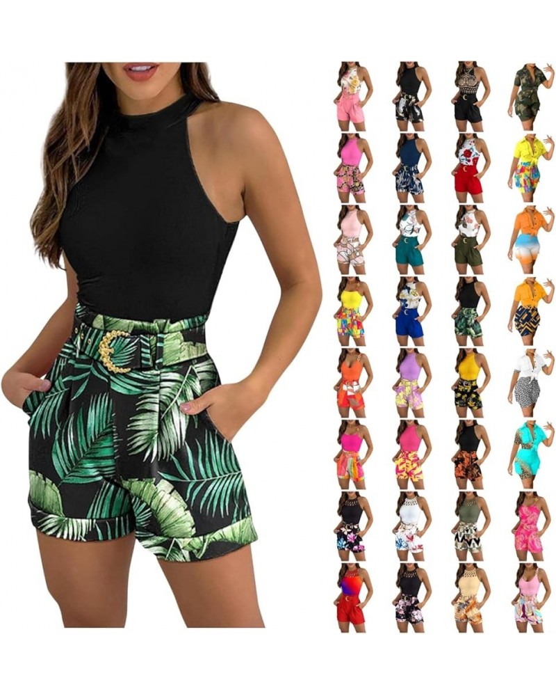 Sleeveless Vest Casual Shorts Suit Women Cutout Sleeveless Tank Top Shorts Set For Womens With Belt 01-green $9.66 Activewear