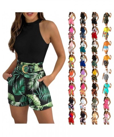 Sleeveless Vest Casual Shorts Suit Women Cutout Sleeveless Tank Top Shorts Set For Womens With Belt 01-green $9.66 Activewear