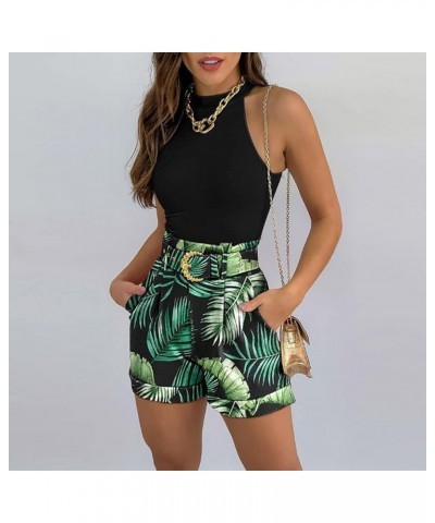 Sleeveless Vest Casual Shorts Suit Women Cutout Sleeveless Tank Top Shorts Set For Womens With Belt 01-green $9.66 Activewear