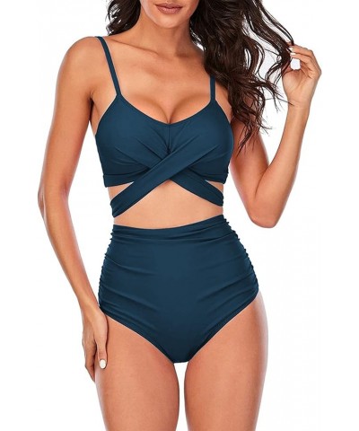 Women Wrap Bikini Set Push Up High Waisted Two Piece Swimsuits Blue $18.23 Swimsuits