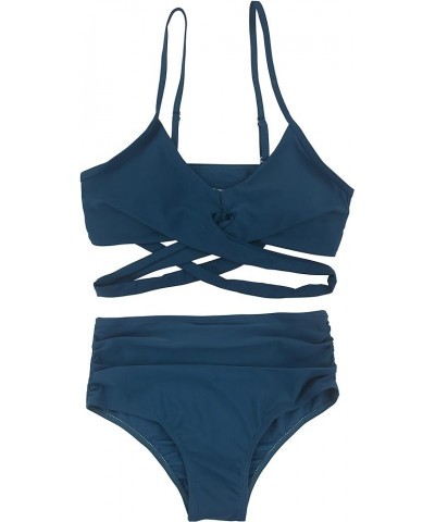 Women Wrap Bikini Set Push Up High Waisted Two Piece Swimsuits Blue $18.23 Swimsuits