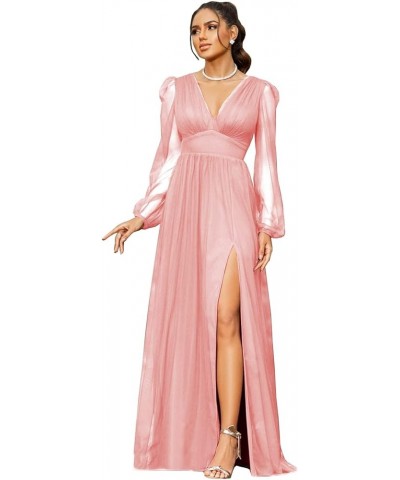 Women's V Neck Bridesmaid Dresses for Wedding Long Sleeves A-Line Chiffon Formal Gown with Slit Blush Pink $30.79 Dresses