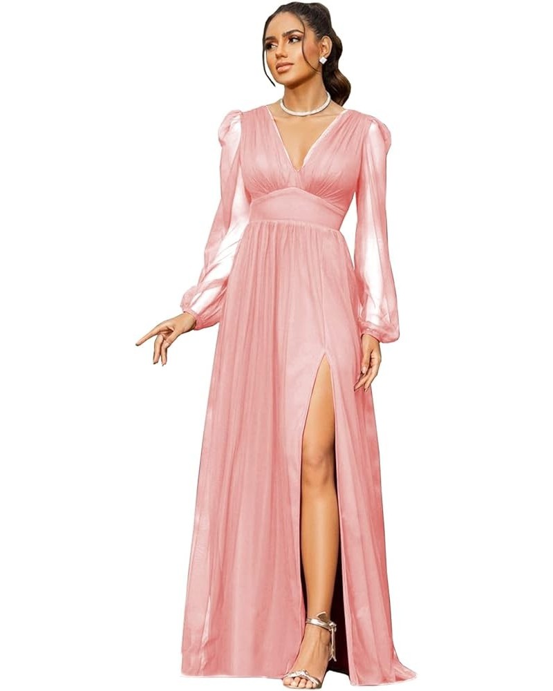 Women's V Neck Bridesmaid Dresses for Wedding Long Sleeves A-Line Chiffon Formal Gown with Slit Blush Pink $30.79 Dresses