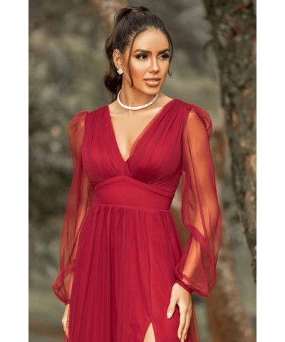 Women's V Neck Bridesmaid Dresses for Wedding Long Sleeves A-Line Chiffon Formal Gown with Slit Blush Pink $30.79 Dresses