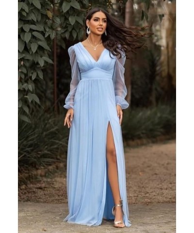 Women's V Neck Bridesmaid Dresses for Wedding Long Sleeves A-Line Chiffon Formal Gown with Slit Blush Pink $30.79 Dresses