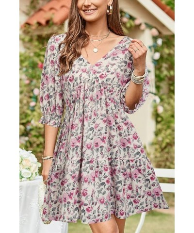 Women's Babydoll Casual Loose Boho V Neck Puff Short Sleeve Dress Red Floral $18.89 Dresses