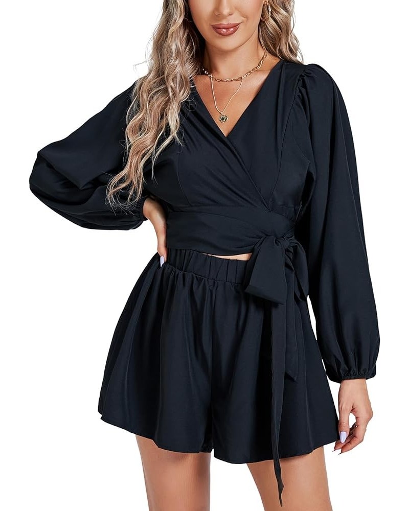 Women's Floral Puff Long Sleeve Jumpsuit Wrap V Neck Tie Front Short Romper Black $13.94 Rompers