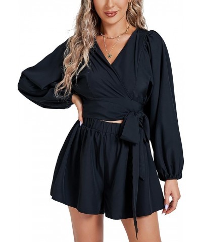 Women's Floral Puff Long Sleeve Jumpsuit Wrap V Neck Tie Front Short Romper Black $13.94 Rompers