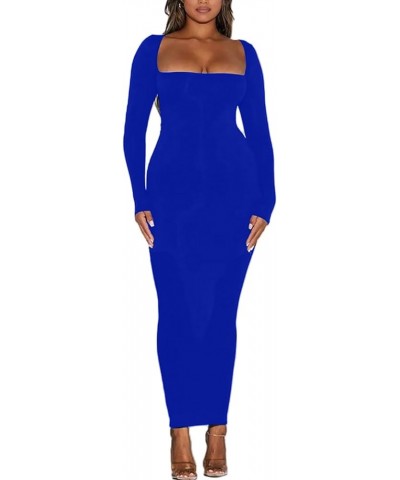 Women's Long Sleeve Bodycon Dress Square Neck Maxi Club Party Fall Long Tight Dresses Royal Blue $14.70 Dresses