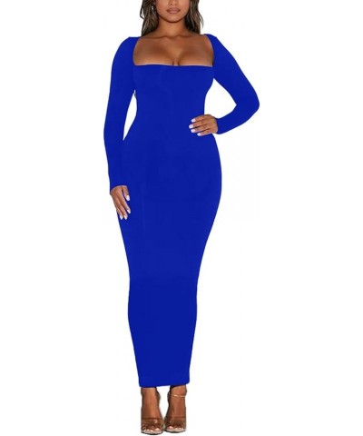 Women's Long Sleeve Bodycon Dress Square Neck Maxi Club Party Fall Long Tight Dresses Royal Blue $14.70 Dresses