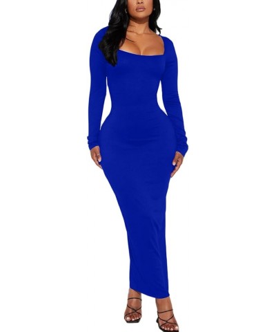 Women's Long Sleeve Bodycon Dress Square Neck Maxi Club Party Fall Long Tight Dresses Royal Blue $14.70 Dresses