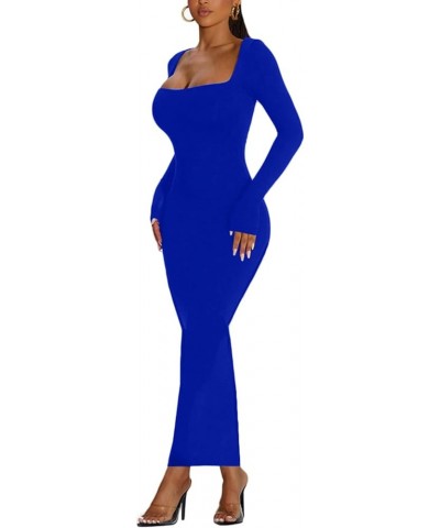 Women's Long Sleeve Bodycon Dress Square Neck Maxi Club Party Fall Long Tight Dresses Royal Blue $14.70 Dresses