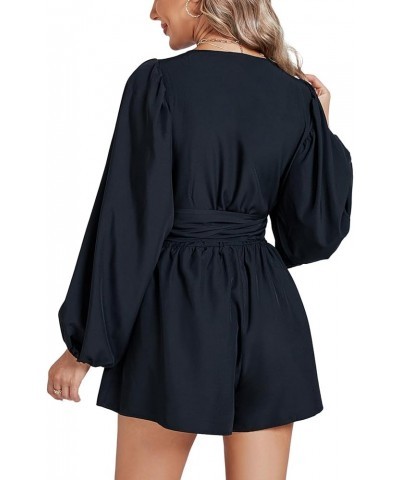 Women's Floral Puff Long Sleeve Jumpsuit Wrap V Neck Tie Front Short Romper Black $13.94 Rompers