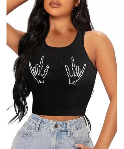 Women's Summer Tank Tops Sleeveless Letter Graphic Printed Ribbed Knit Basic Crop Cami Tops Shirt Black Skeleton B $8.54 Tanks