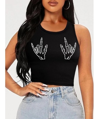 Women's Summer Tank Tops Sleeveless Letter Graphic Printed Ribbed Knit Basic Crop Cami Tops Shirt Black Skeleton B $8.54 Tanks