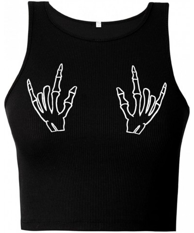 Women's Summer Tank Tops Sleeveless Letter Graphic Printed Ribbed Knit Basic Crop Cami Tops Shirt Black Skeleton B $8.54 Tanks