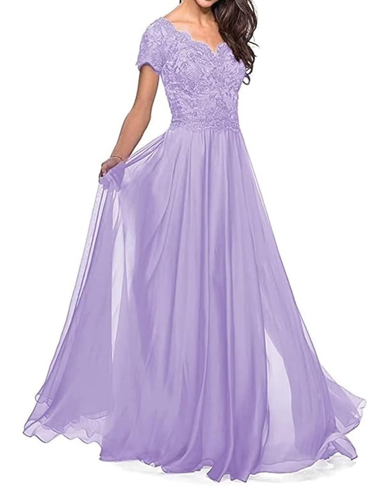 Lace Appliques Mother of The Bride Dress Short Sleeves V Neck Long Chiffon Mother of The Groom Dress Lilac $45.04 Dresses