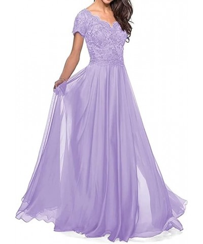 Lace Appliques Mother of The Bride Dress Short Sleeves V Neck Long Chiffon Mother of The Groom Dress Lilac $45.04 Dresses