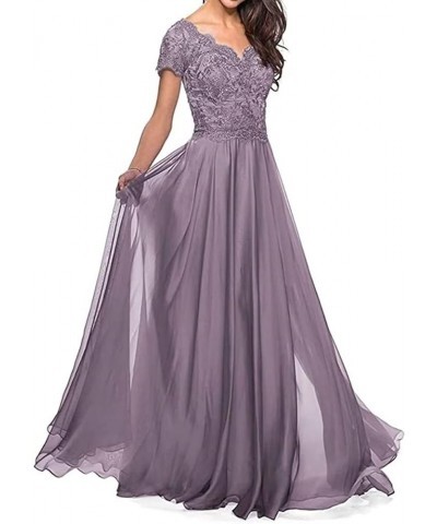 Lace Appliques Mother of The Bride Dress Short Sleeves V Neck Long Chiffon Mother of The Groom Dress Lilac $45.04 Dresses