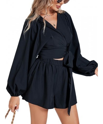 Women's Floral Puff Long Sleeve Jumpsuit Wrap V Neck Tie Front Short Romper Black $13.94 Rompers