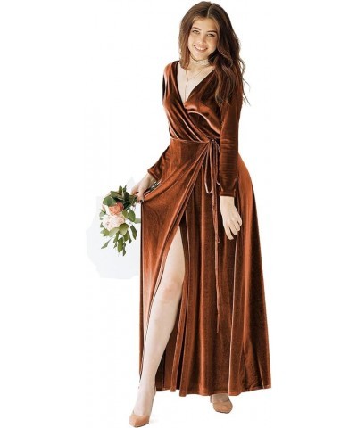 Women's Velvet Prom Dress with Sleeves Slit V Neck Formal Maxi Dresses Long for Women WD064 A-burnt Orange $33.14 Dresses