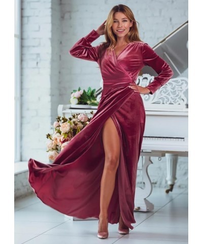 Women's Velvet Prom Dress with Sleeves Slit V Neck Formal Maxi Dresses Long for Women WD064 A-burnt Orange $33.14 Dresses