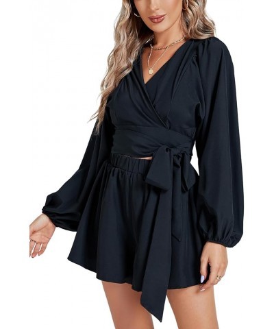 Women's Floral Puff Long Sleeve Jumpsuit Wrap V Neck Tie Front Short Romper Black $13.94 Rompers